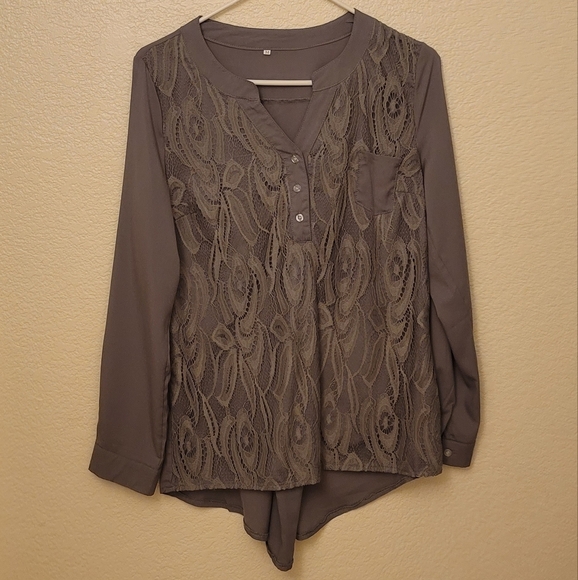 Source Unknown Tops - Women's Long Sleeve Gray Lace Blouse Size Medium